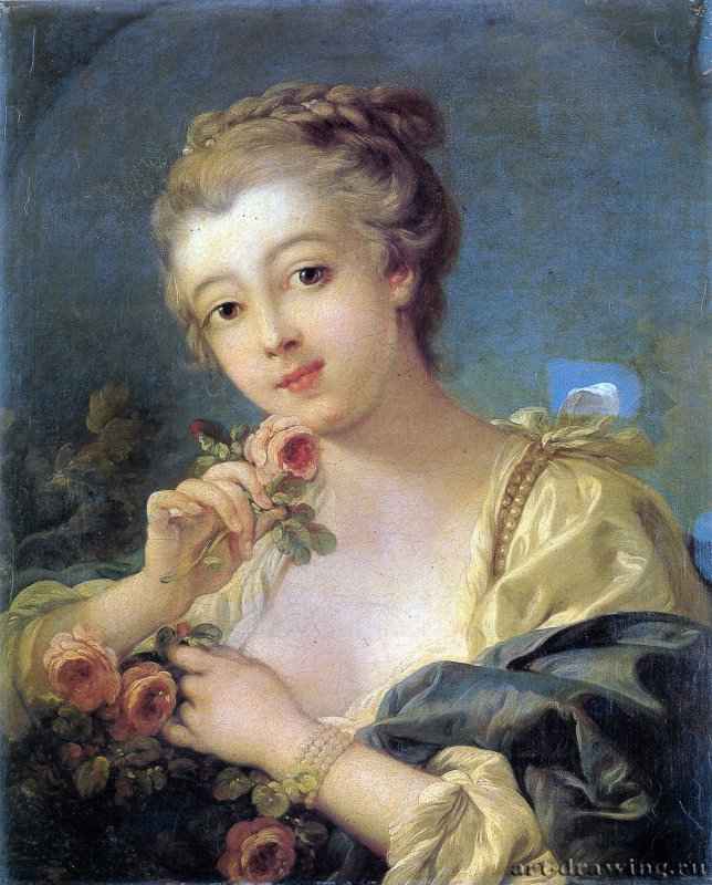 Юная женщина с букетом из роз - Холст, масло. Рококо. Франция.