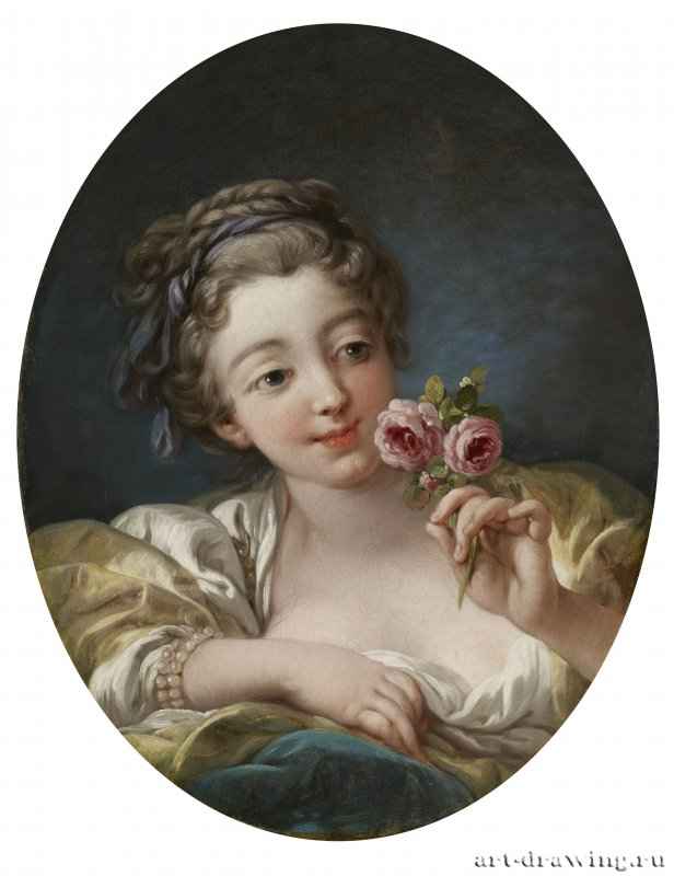 Девушка с розой (мастерская Буше), 1760 г. - Холст, масло; 54.6 × 42.5 см. Рококо. Франция. Нью-Йорк, Коллекция Фрик.