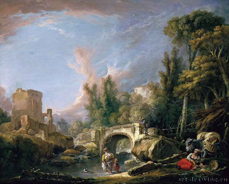 Речной пейзаж с руиной и мостом, 1762 г. - Холст, масло; 58.5 х 72 см. Рококо. Франция. Мадрид, Музей Тиссен-Борнемис.