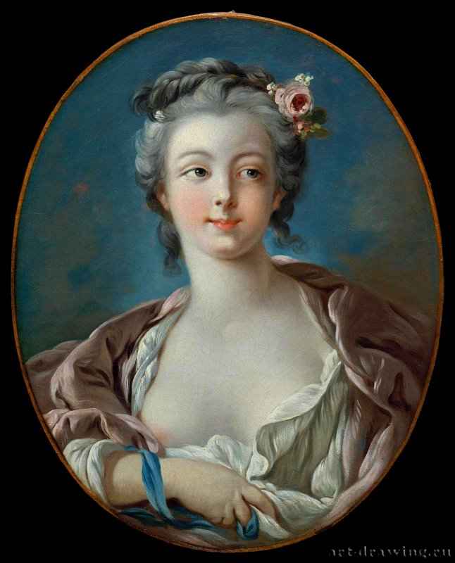 Молодая женщина с цветами в волосах, ошибочно наз. Портрет м-м Буше, 1734. - 56.8 х 46. Бостон. Музей изящ.искусств.