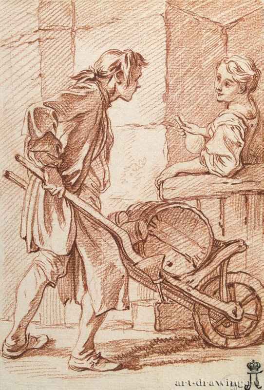 Продавец уксуса, 1736. - 25x27 см. Жанровая живопись, рисунок, красный мел. Франция.