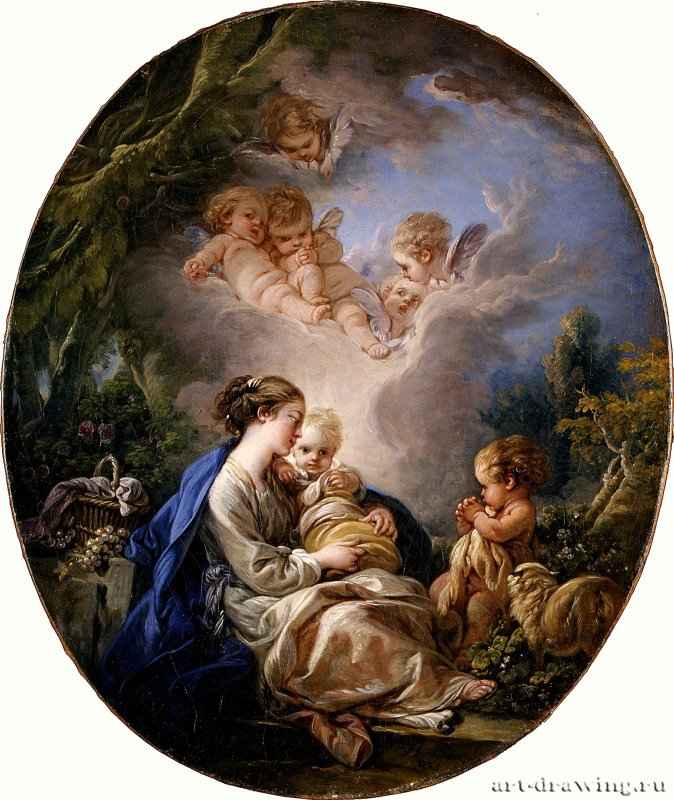 Мадонна с младенцем, юным Иоанном Крестителем и ангелами, 1765 г. - Холст, масло; 41 х 34 см. Рококо. Франция. Нью-Йорк, Метрополитен.