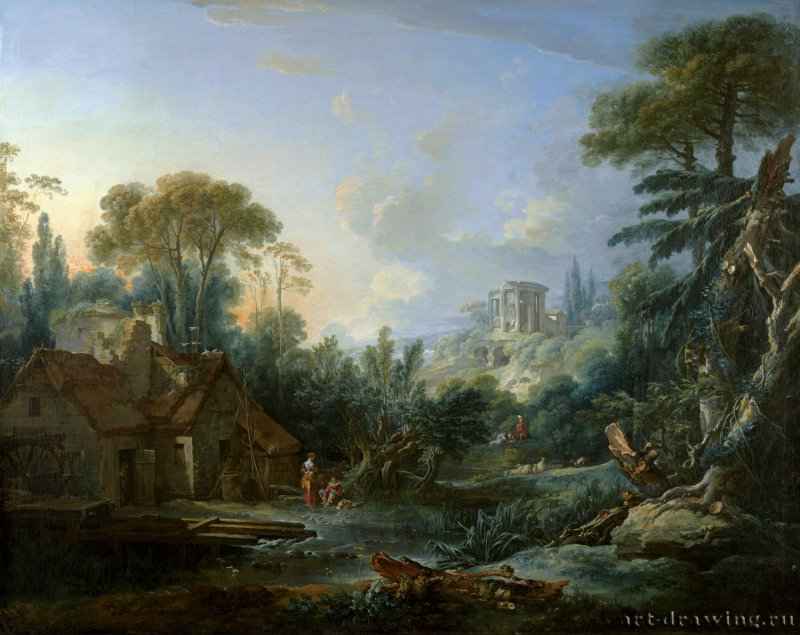 Пейзаж с водяной мельницей, 1740. - 130 х 163. Холст, масло. Рококо. Франция. Канзас. Музей Аткинс Нельсон.