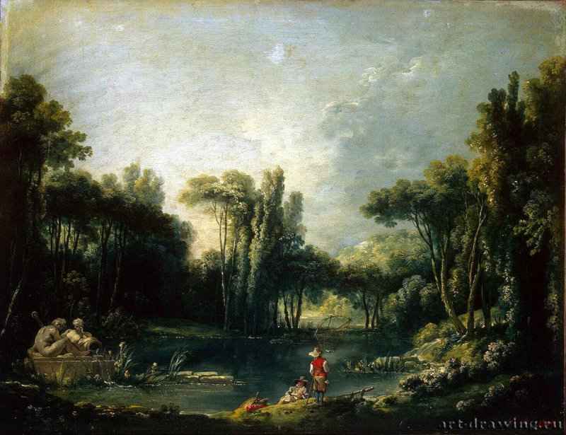 Пейзаж с прудом, 1746. - Холст, масло. 51 x 65. Рококо. Франция. С-Петербург, Эрмитаж.