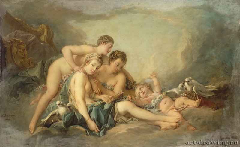 Венера обезоруживает Амура, 1749.  - Холст, масло. 107 х 173. Рококо. Франция. Париж, Лувр.
