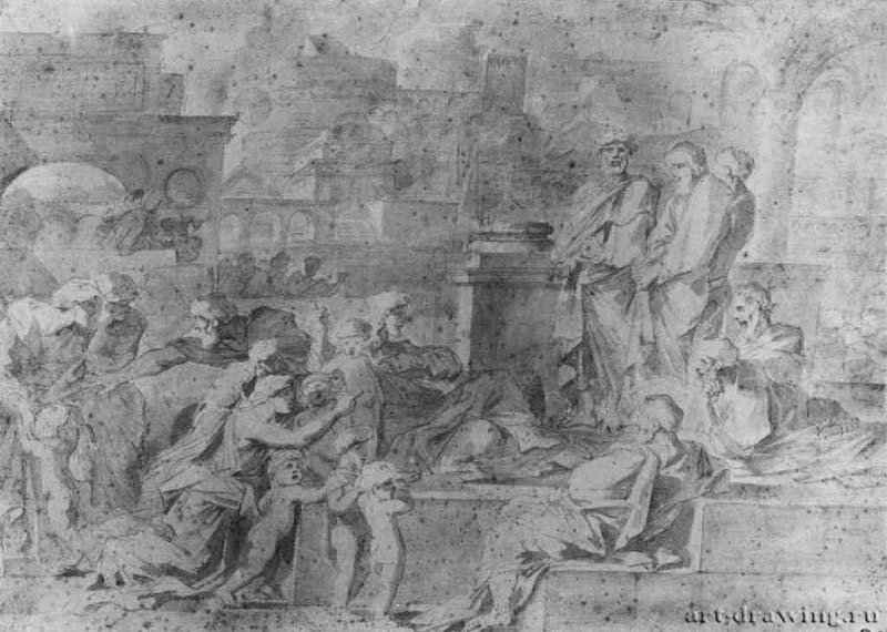 Христос и дети (Пустите детей приходить ко мне). 1652-1658 - 258 х 502 мм. Черный мел, перо коричневым тоном, отмывка китайской тушью , на бумаге. Париж. Школа изящных искусств, личные коллекции. Франция.