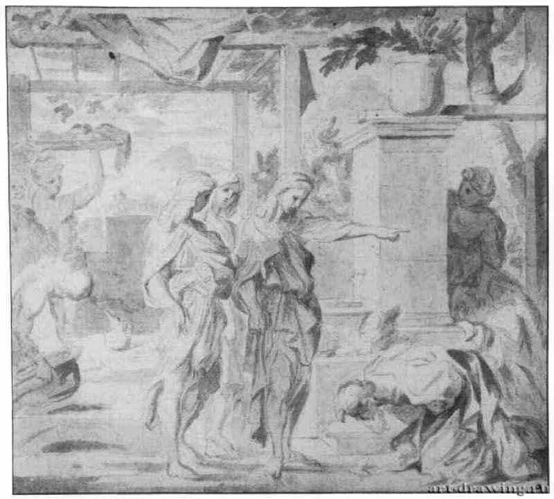 Авраам и три ангела. 1650-1660 - 287 x 327 мм. Черный мел и кисть серым тоном, на бумаге. Франкфурт. Художественный институт Штеделя, Гравюрный кабинет. Франция.