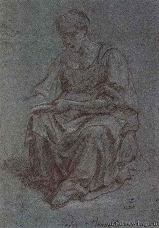 Сидящая женщина. 1700-1705 - 275 х 187 мм. Сангина, подсветка белым, на серо-голубой бумаге. Прага. Народная галерея, Дворец Кинских (Гравюрный кабинет). Чехия.