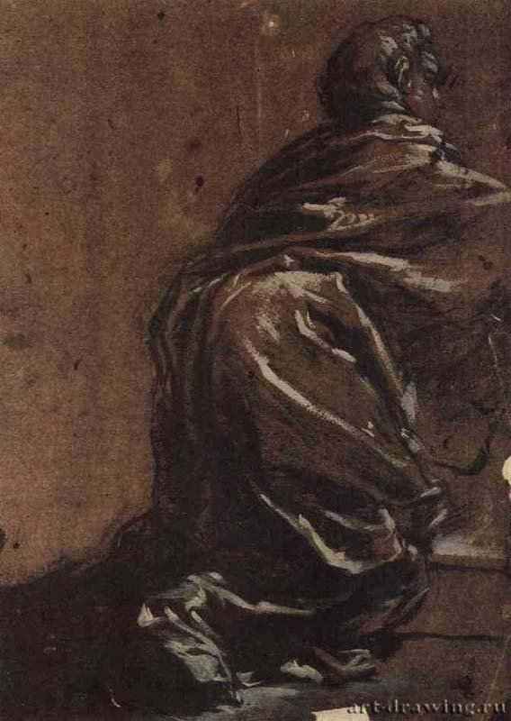 Коленопреклоненный мужчина. 1720 - 224 х 183 мм. Черный мел, темная масляная краска, подсветка белым, на коричневой бумаге. Прага. Народная галерея, Дворец Кинских (Гравюрный кабинет). Чехия.
