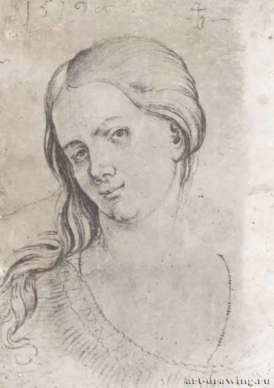 Голова молодой женщины. 1519 - 307 х 221 мм. Черный мел и сангина, на бумаге. Берлин. Гравюрный кабинет. Германия.