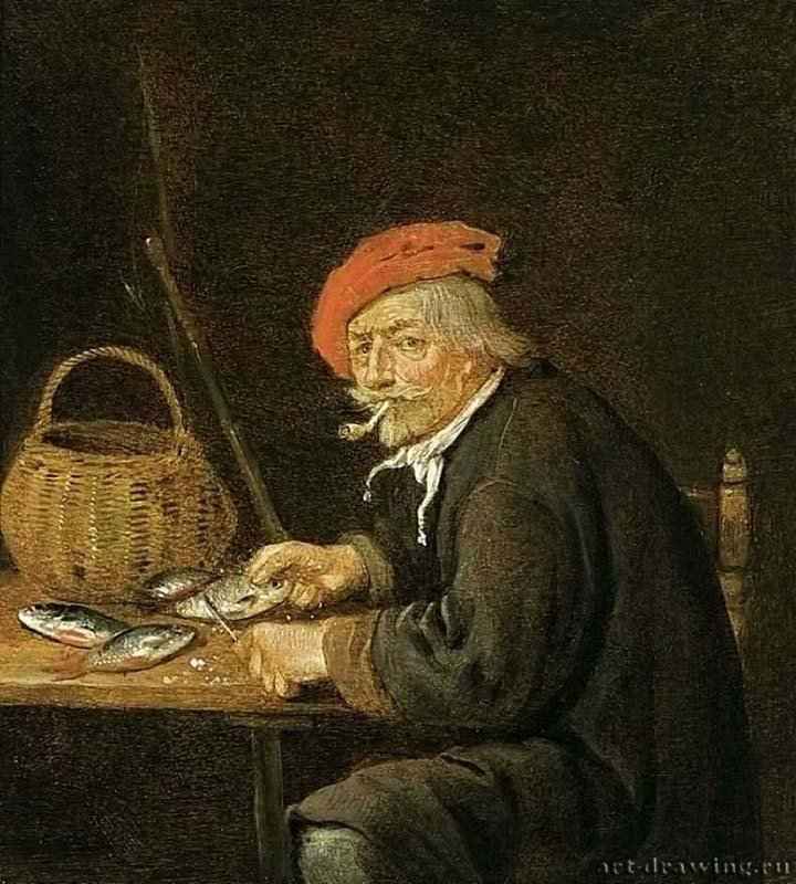 Мужчина потрошит рыбу. 1660-1665 - Масло, дерево 21 x 19 Частное собрание