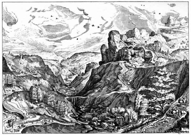 Серия "Двенадцать больших пейзажей". Альпийский пейзаж. 1555/1556 - 300 х 425 мм. Офорт. Брюссель. Королевская библиотека, Кабинет эстампов. Нидерланды. Гравер: Кок, Иероним.