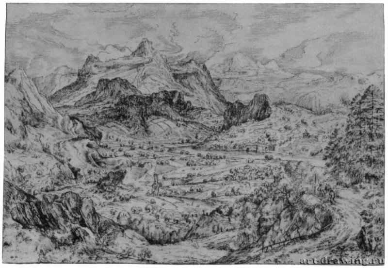 Альпийский пейзаж с мулами. 1555 - 294 х 425 мм. Перо коричневым тоном, на белой бумаге. Лондон. Собрание Сейлерн. Нидерланды.