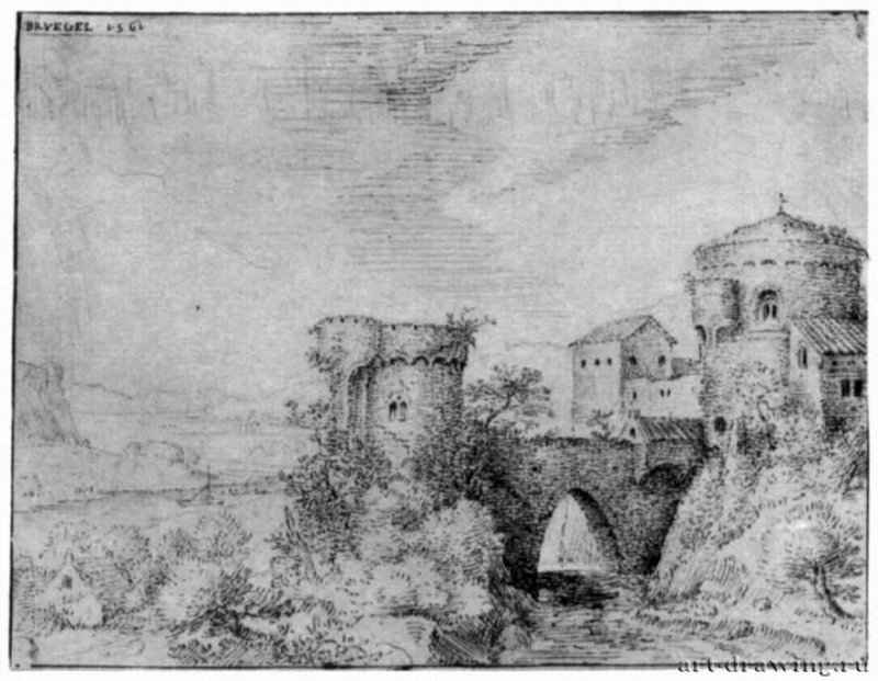 Замок с круглыми башнями, за рекой. 1561 - 145 х 189 мм. Перо желто-коричневым тоном, на белой бумаге. Берлин. Гравюрный кабинет. Нидерланды.