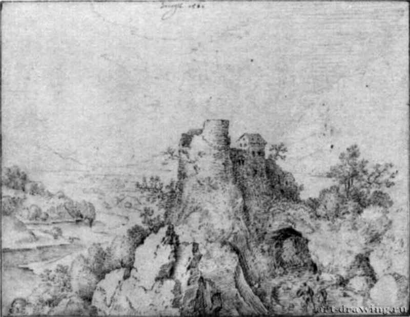 Пейзаж с руинами замка и башней на скале. 1561 - 159 х 203 мм. Перо желто-коричневым тоном, на белой бумаге. Вена. Собрание графики Альбертина. Нидерланды.