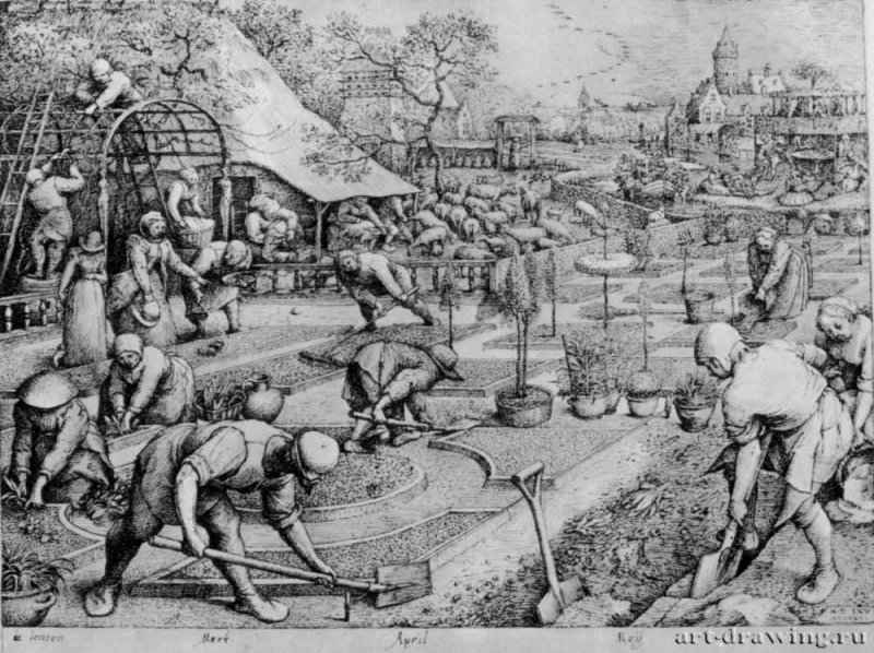 Рисунок из серии "Времена года": Весна. 1565 - 223 х 289 мм. Перо желтым тоном на бумаге. Вена. Собрание графики Альбертина. Нидерланды.