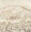 Пейзаж с монастырем у подножия горы. 1552-1553 - 186 х 328 мм. Перо коричневой тушью, кисть, акварель, на бумаге. Берлин. Гравюрный кабинет. Нидерланды.