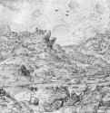 Пейзаж с рекой и горами. 1553 - 228 х 338 мм. Перо светло-коричневым тоном, на белой бумаге. Лондон. Британский музей, Отдел гравюры и рисунка. Нидерланды.