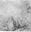 Скалистый пейзаж с узкой тропой. 1560 - 144 х 189 мм. Перо желтым тоном на белой бумаге. Берлин. Гравюрный кабинет. Нидерланды.