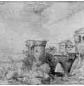 Замок с круглыми башнями, за рекой. 1561 - 145 х 189 мм. Перо желто-коричневым тоном, на белой бумаге. Берлин. Гравюрный кабинет. Нидерланды.