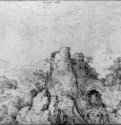 Пейзаж с руинами замка и башней на скале. 1561 - 159 х 203 мм. Перо желто-коричневым тоном, на белой бумаге. Вена. Собрание графики Альбертина. Нидерланды.