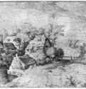 Сельский пейзаж. 1562 - 180 х 310 мм. Перо желто-коричневым тоном, на белой бумаге. Брауншвейг. Музей герцога Антона-Ульриха, Гравюрный кабинет. Нидерланды.