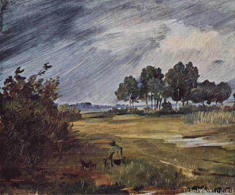 Буш Вильгельм: Пейзаж во время дождя - Вторая половина 19 века. Реализм. Германия Мюнхен. Новая Пинакотека.