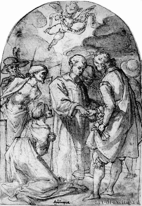 Святой Лаврентий заботится о бедных. 1605-1611 - 204 х 140 мм Перо и отмывка коричневым тоном, на коричневатой бумаге Неаполь Музей Каподимонте, Кабинет рисунков и гравюр Италия