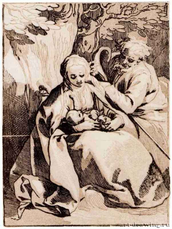 Святое семейство. 1625 - 240 х 178 мм. Ксилография кьяроскуро, одна очерковая доска, две тоновые доски. Амстердам. Рейксмузеум, Государственный кабинет гравюр. Германия.