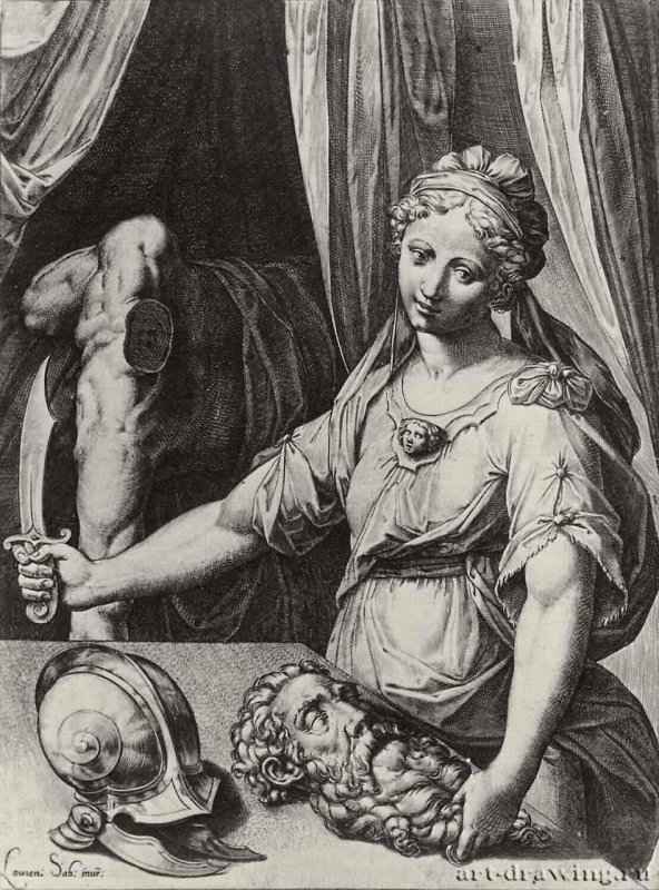 Юдифь с головой Олоферна. 1579-1581 - 304 х 229 мм. Резцовая гравюра на меди. Вена. Собрание графики Альбертина. Италия.
