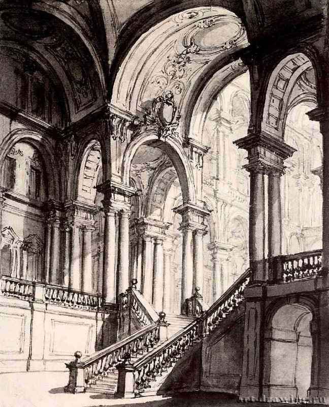 Декорации с изображением лестницы во дворце. 1700 - Перо, кисть, черные чернила и серая размывка Монреаль Канадский центр архитектуры Италия