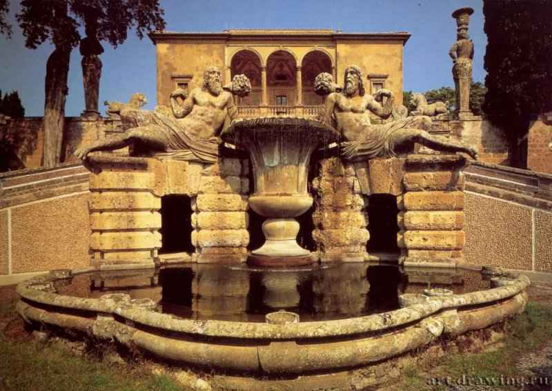 Бароцци, Джакомо: Фонтан с речными богами и вид на садовый фасад палаццины Фарнезе.