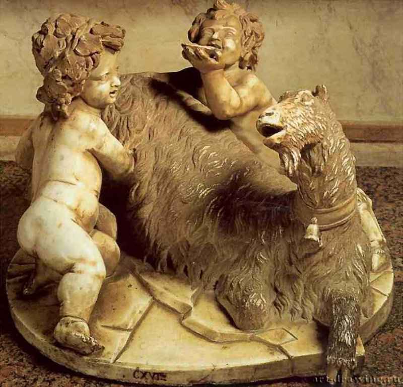 Коза Амалфея с младенцем Зевсом и юным сатиром. 1611-1612 - Высота 45 см. Мрамор. Рим. Галерея Боргезе. Италия.