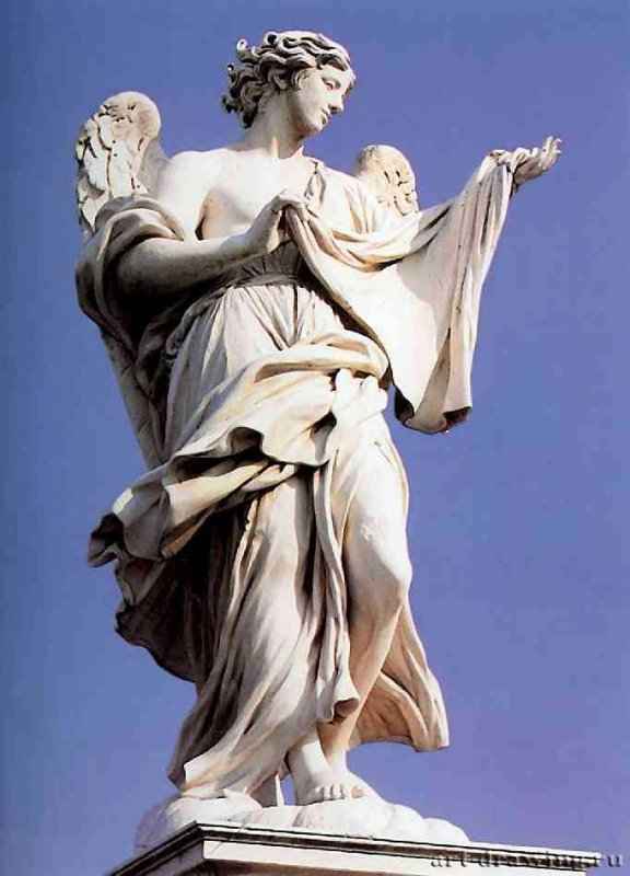 Два ангела. Деталь. 1667 - 1669 - Высота около 270 см. Мрамор. Рим. Понто дельи Анжели. Италия. Совместно с учениками.
