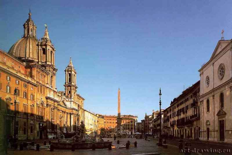 Пьяцца Навона. Палаццо Памфили, церковь Сант Аньезе, фонтан Четырех рек - Рим. Италия.