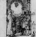 Турецкие послы приглашают Микеланджело в Константинополь. 1616 - 346 х 231 мм Перо коричневым тоном поверх наброска черным мелом, на пожелтевшей бумаге Лондон Британский музей, Отдел гравюры и рисунка Италия