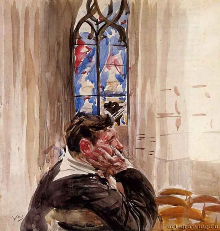 Мужчина в церкви, 1900 г. - Акварель, бумага. Частное собрание. Италия.