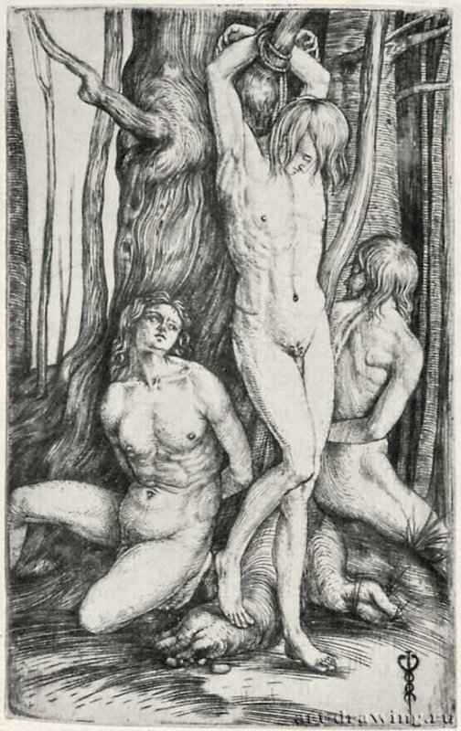 Трое обнаженных мужчин, привязанных к дереву. 1480-1514 - 160 х 100 мм. Резцовая гравюра на меди. Лондон. Британский музей, Отдел гравюры и рисунка.