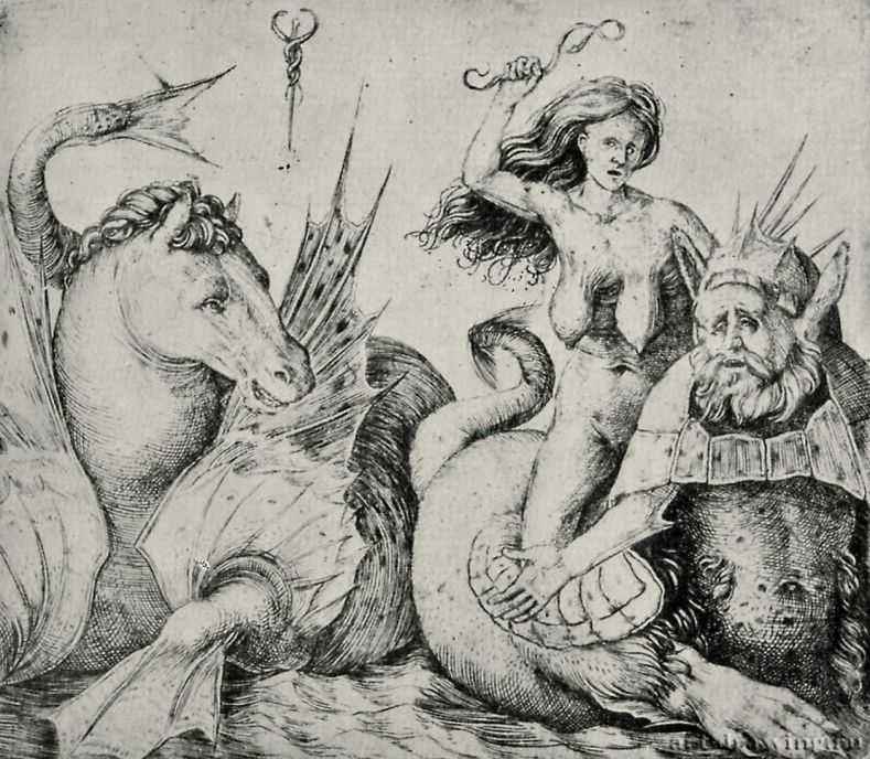 Старуха верхом на тритоне. 1480-1514 - 102 х 117 мм. Резцовая гравюра на меди. Лондон. Британский музей, Отдел гравюры и рисунка.