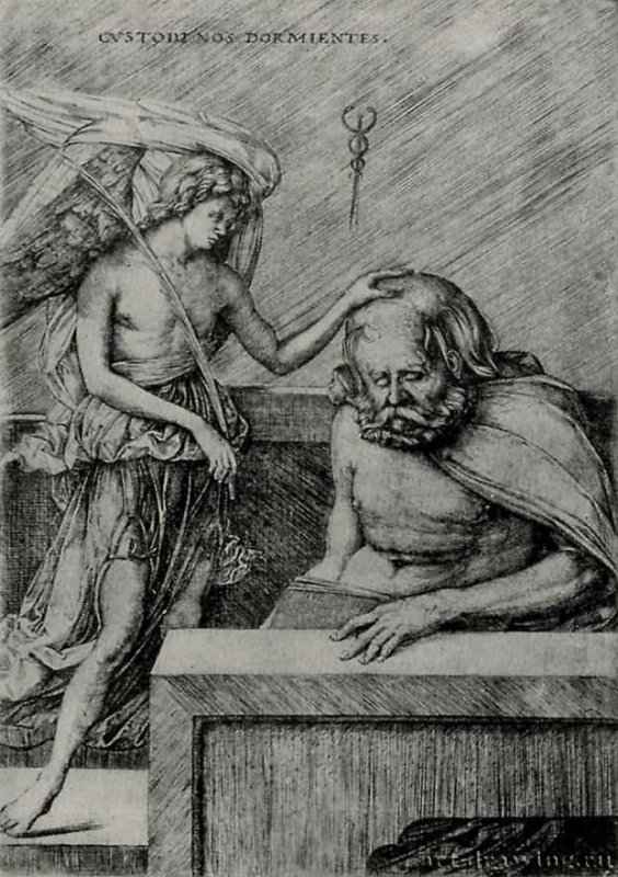 Ангел-хранитель. 1480-1514 - 225 х 159 мм. Резцовая гравюра на меди. Лондон. Британский музей, Отдел гравюры и рисунка.