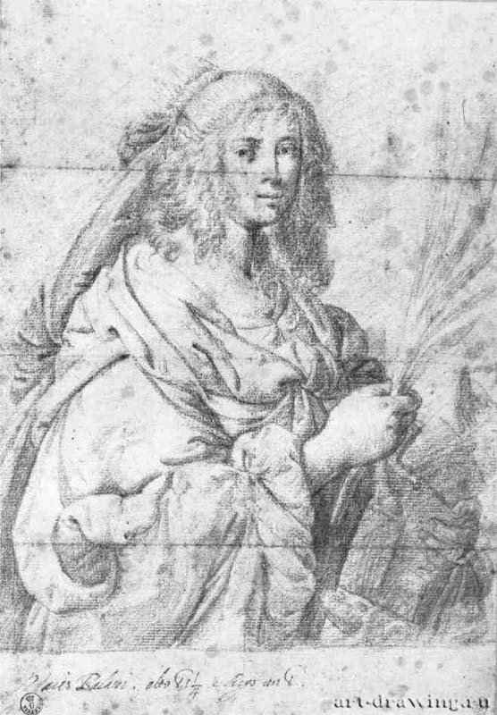 Портрет женщины в виде святой Екатерины. 1637 - 277 х 194 мм Сангина на белой бумаге Флоренция Уффици, Кабинет рисунков и гравюр Италия