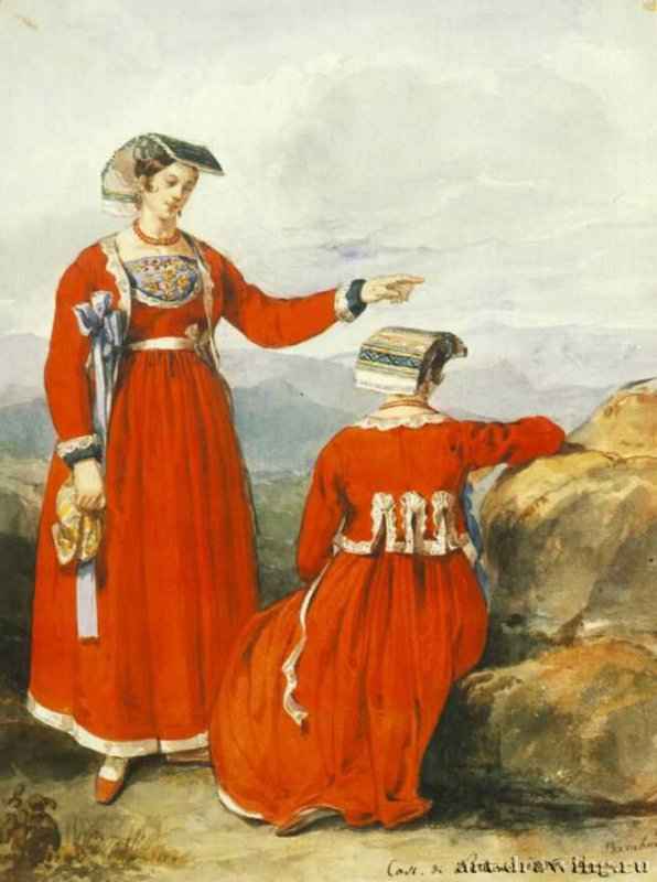 Женщины в Неттуно, 1835. - Акварель. 37,8 x 20,6. Будапешт. Венгерская национальная галерея. Венгрия.