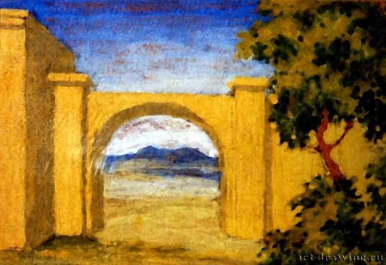 Итальянский этюд, 1910 г. - Картон, гуашь, карандаш; 9,2 х 13,1 см. Собрание М. И. Зеликмана. Россия.