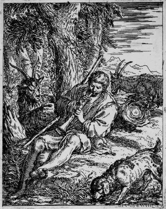 Козопас, играющий на флейте. Вторая половина 17 века - 142 х 114 мм. Офорт. Карлсруэ. Кунстхалле, Гравюрный кабинет. Германия.