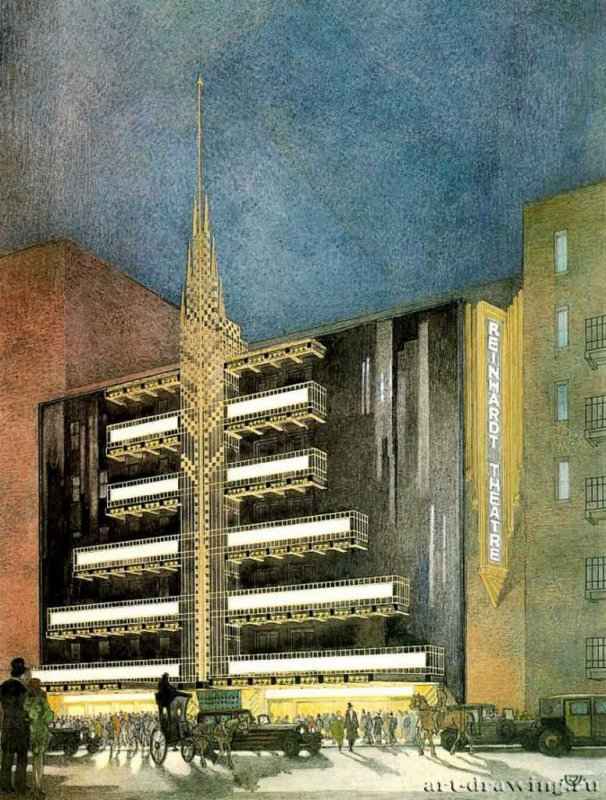 Фасад Макс-Рейнхардт-театра. 1929 г. - Акварель, чернила; 37,5 x 28,6 см. Нью-Йорк. Библиотека редких книг и манускриптов Колумбийского университета. Архив Йозефа Урбана. Австрия.