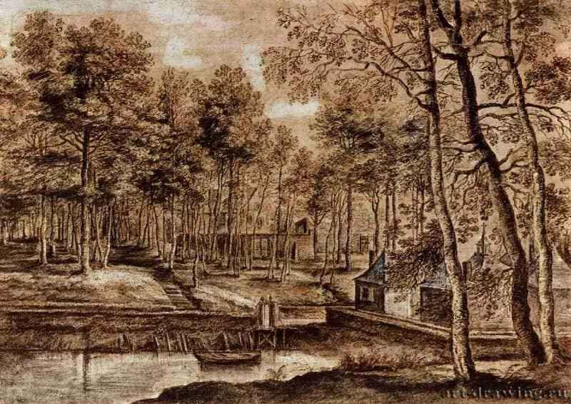 Монастырские постройки в лесу. Вторая треть 17 века - 221 х 310 мм. Перо коричневым тоном, отмывка серым тоном, гуашь, на бумаге. Нью-Йорк. Библиотека Пирпонта Моргана. Фландрия. 