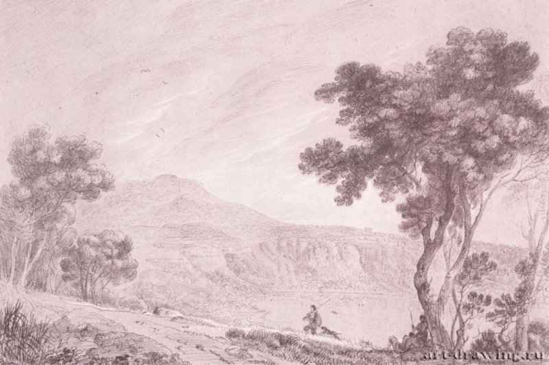Пейзаж с Монте Каво. 1754 - 283 х 419 мм. Черный мел, растушевка, подсветка белым, на тонированной бумаге. Сан-Марино (штат Калифорния). Библиотека и Художественная галерея Генри Хантингтона.