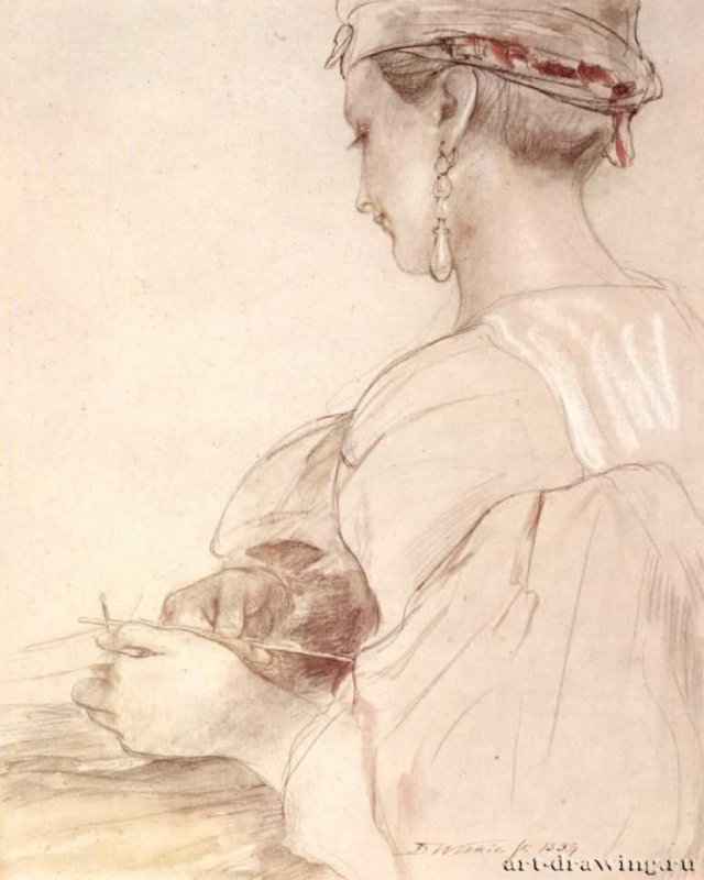 Миссис Грант с вязаньем. 1834 г. - Карандаш и акварель, подсветка белым, на бумаге; 337 x 273 мм. Сан-Марино (Калифорния). Библиотека и Художественная галерея Генри Хантингтона. Великобритания.