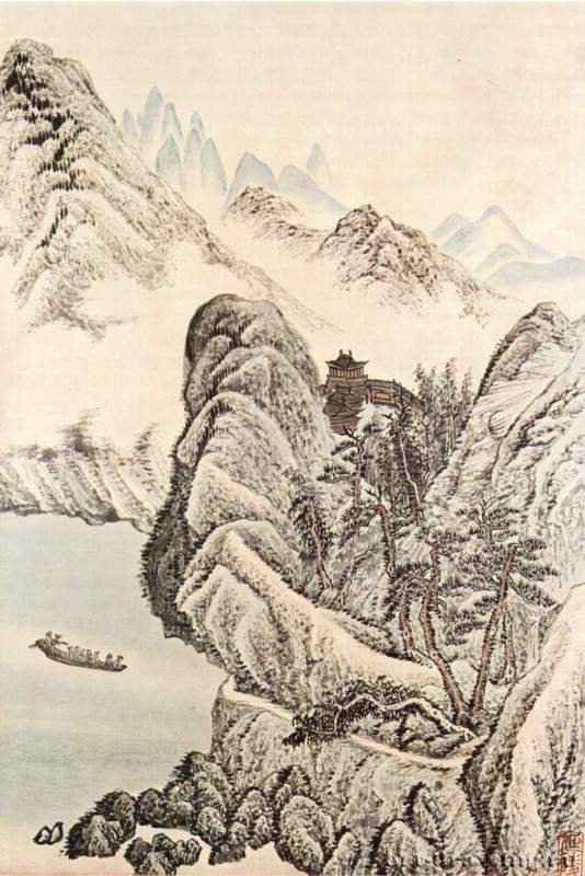 Лодка, проплывающая под буддийским храмом. 1660-1710 - 39,7 x 26,8 смБумага, тушь и краскиКитайТайвань. Дворцовое собраниеЛист из альбома, стиль ранней эпохи Цин