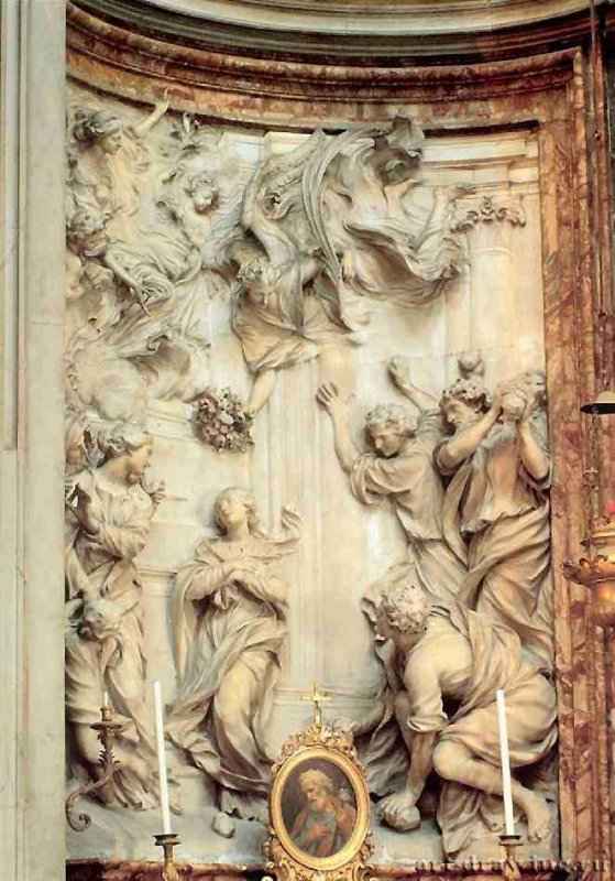 Избиение камнями св. Эмеренцианы. Рельеф Начат в 1660 - Мрамор. Рим. Санта Аньезе ин пьяцца Навона. Италия.
Мраморный рельеф был создан как парный к работе Рагги "Смерть святой Агнессы" и помещался в правом боковом алтаре церкви на пьяцца Навона.